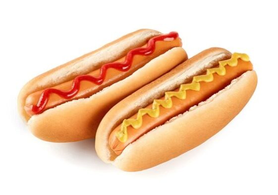 Hot dogs with ketchup and mustard isolated on white background.